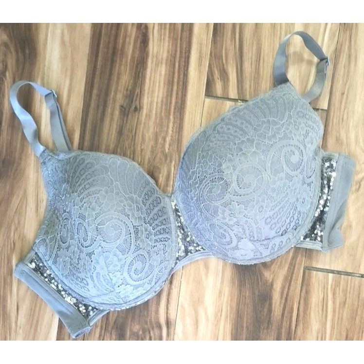 Floral Lace Sequins Bra Size 42ddd Gray Ashley Stewart Balconette Mesh Underwire